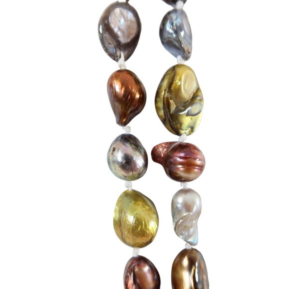 Multicolor Earthtone Enameled Mother Of Pearl Shell Long Necklace 29" Drop - Picture 2 of 4